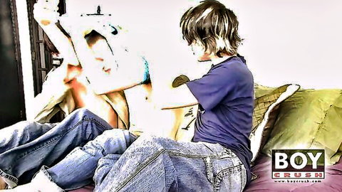 Two young shaggy-haired twinks teasing on bed, one lifting arms in purple tee and jeans