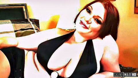 Curvy redhead BBW with huge tits spilling from black bikini top smiling seductively