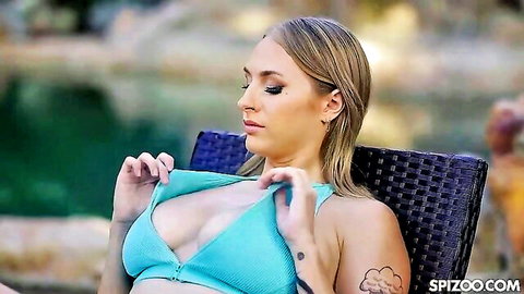 Angel Youngs teasing with teal bikini top by the pool