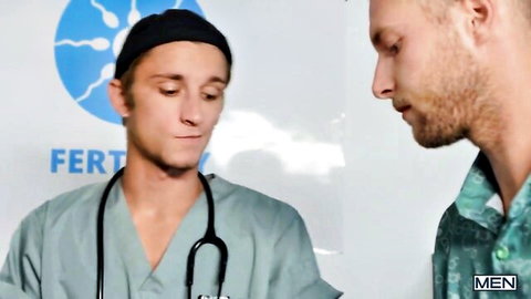 Theo Brady as doctor examines Malik Delgaty in clinic, gay foreplay tease