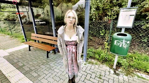 ViviVallentine in sexy dirndl dress at bus stop, big tits cleavage tease