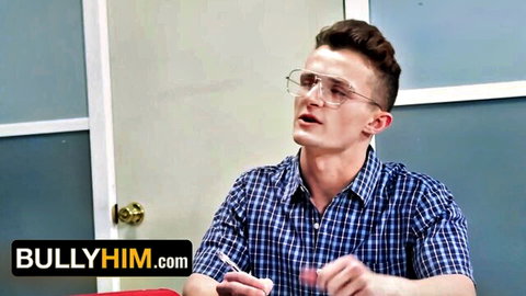 Nerdy Grant Ducati in glasses dominated by Ian Holms in classroom roleplay