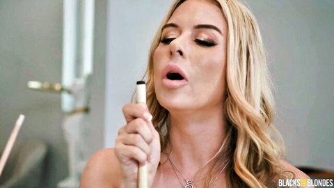 Summer Vixen blonde seductively sucking pool cue topless