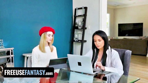 Anya Olsen in red beret with sexy teacher at desk in deepthroat lesson