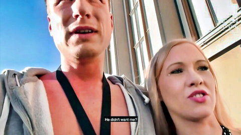 Horny blonde with hung stud outdoors, teasing before public toilet threesome