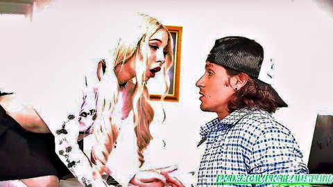 Petite blonde with shocked open-mouth O-face leans toward surprised young guy in cap and checkered shirt