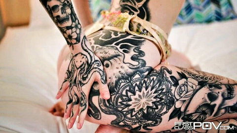 Nichole Saphir tattooed in lingerie on bed POV tease