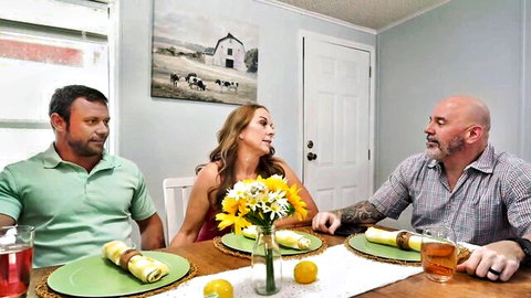 Blonde curvy stepmom chats with stepson and Sgt Miles at table