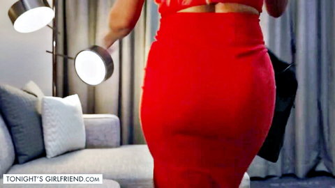 Curvy thick woman in tight red dress teasing huge ass from behind
