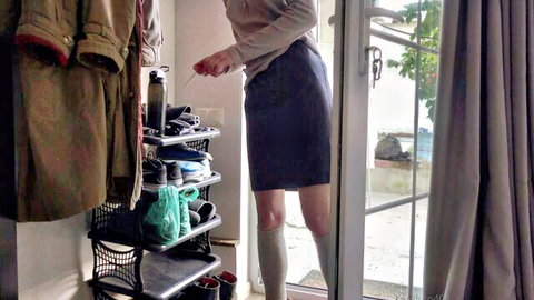 Stepsis in skirt and stockings caught smoking, begging POV
