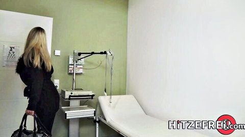 Blonde Lana Vegas in tight black dress during doctor's exam roleplay