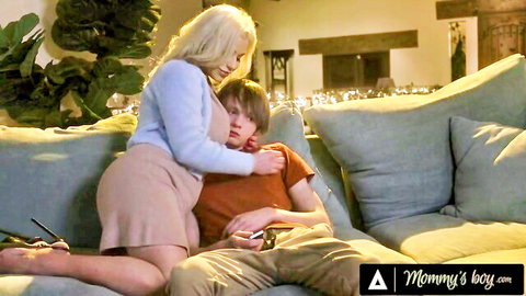 Curvy blonde stepmom hugs her handsome stepson intimately
