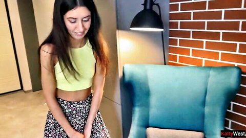 Katty West teasing in lime green crop top and skirt, POV style
