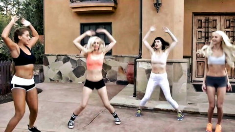 Ivy Wolfe leads fit blondes in revealing athletic wear gym dance