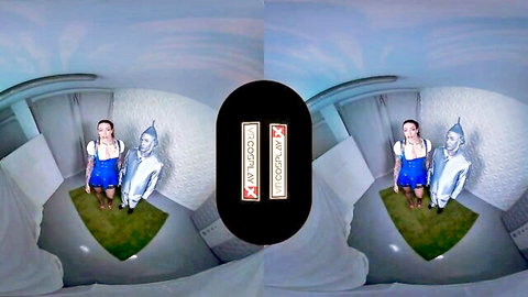Busty blondes in shiny latex Dorothy Wizard of Oz cosplay teasing with pigtails in VR