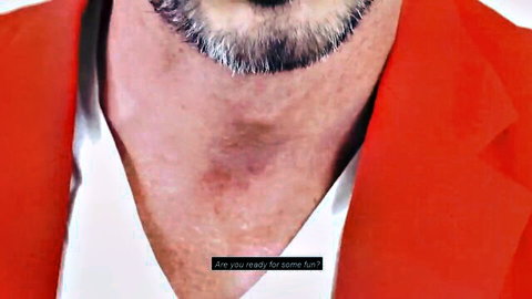 Bearded man in red jacket with open shirt neckline asks if you're ready for some fun