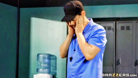Coach covering eyes peeking in locker room spying on pussy fuck action