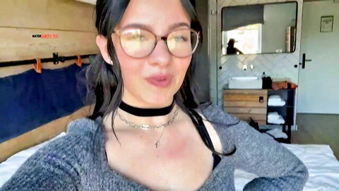 Roxy Black in sexy gray sweater, glasses and choker, POV cleavage tease