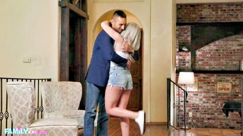 Naomi Ryder in steamy hug with partner, short shorts tease