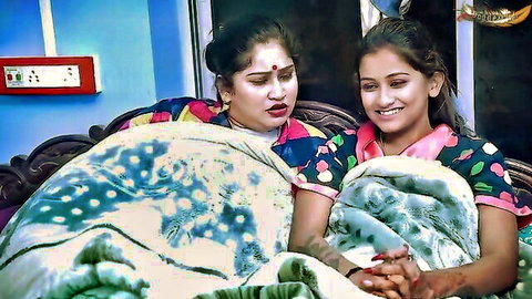 Indian MILF and teen daughter stunned on bed, traditional attire