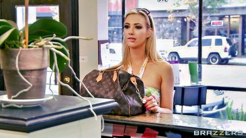 Brett Rossi in sexy green top at office desk, Brazzers lesbian tease with Sophia Knight