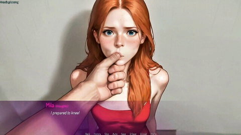 Stunned redhead anime babe forced to kneel with man's hand gripping her mouth tightly
