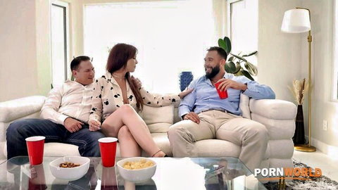 Syren De Mer redhead MILF chats with two men before DP threesome