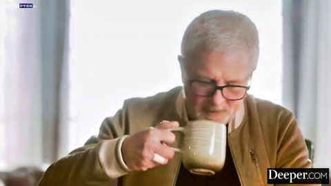 Alex Grey's scene with mature man sipping coffee in 'The System' pounding video