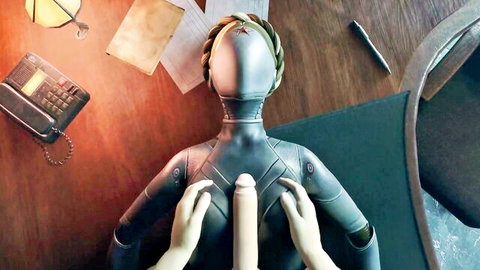 Shiny metallic robot sex doll titty fucking thick white dildo with gloved hands squeezing tits on desk