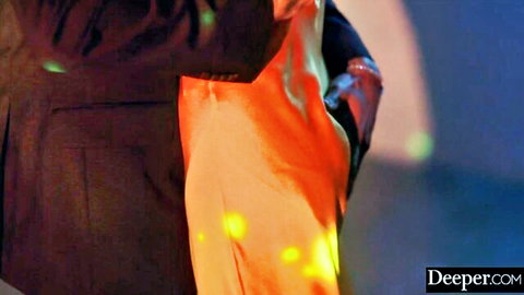 Skinny blonde in orange dress lifted by two suited men for rough threesome
