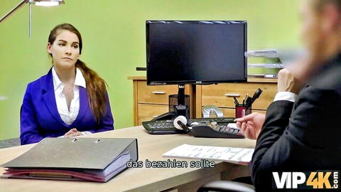 Perky brunette office girl in steamy interview with suited man
