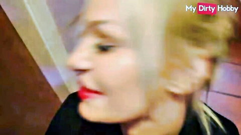 Blonde Mila Bae with red lips in seductive side profile POV tease