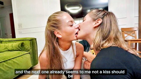 Two fit blonde women in passionate open-mouth kiss in amateur threesome