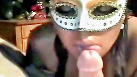 Hot brown carnival masked Latina gives intense blowjob