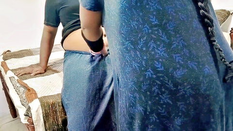Indian wife bent over bed saree lifted exposing bare ass as husband grips hips from behind