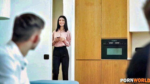 Leo Ahsoka in pink blouse seducing boyfriend in modern kitchen