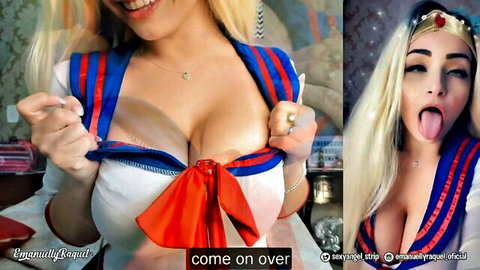 Emanuelly Raquel in Sailor Moon cosplay, teasing cleavage and sticking tongue out