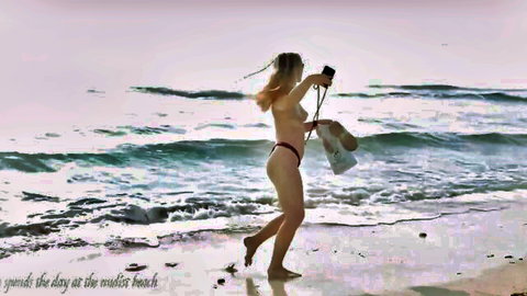 Cassandra topless at nudist beach, blonde enjoying nude day with furry friend