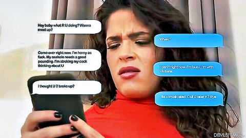 Shocked brunette reading explicit texts begging for cock to fuck her horny ass
