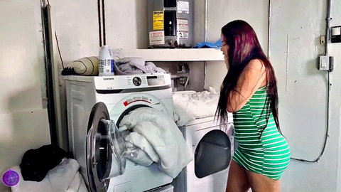 Miss Raquel bends over in tight green dress in Stuck & Fuck laundry tease
