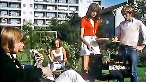 Vintage German picnic scene with slim young women in casual outfits, Schulmadchen-Report