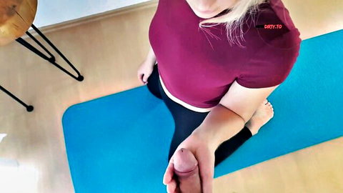 Blonde teen in yoga pants kneels and grips cock in steamy POV