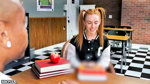 Petite redhead pigtail teen schoolgirl smiles at bald BBC in classroom