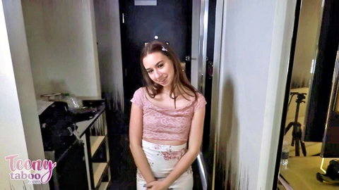 Nicole in pink lace top and floral skirt, flirty backstage tease