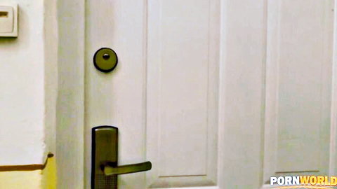 White bedroom door with brass handle and peephole teasing hardcore anal threesome entry