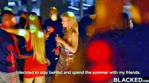 Hot blonde in sparkly dress embraced by black stud at wild Blacked party