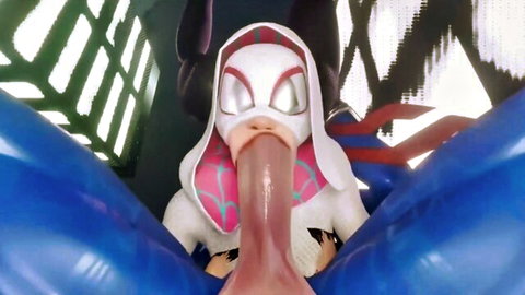 Spider-Gwen cosplay babe sticks out long wet tongue between blue thighs ready to lick pussy