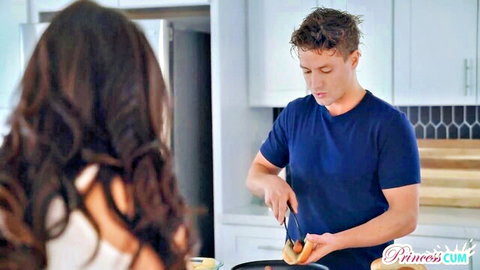 Skinny brunette stepsister watches stepbrother cooking bacon in kitchen teasing rough sex