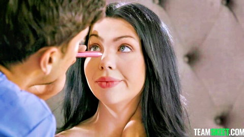 Seductive brunette in intimate doctor exam close-up