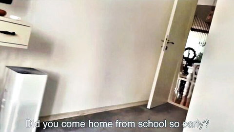 Redhead teen comes home early from school, surprised by stepdad